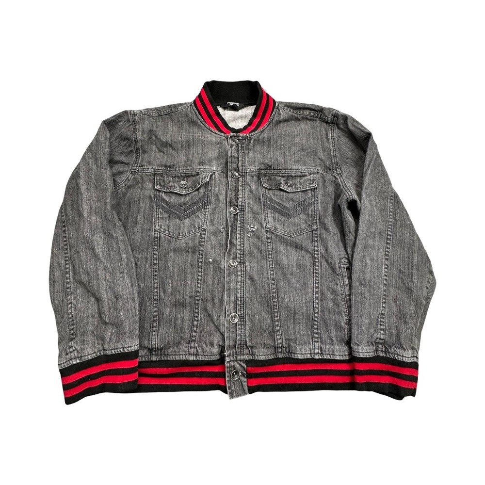 Rocawear Denim Varsity Jacket Mens 3XL Gray Brooklyns Own Striped Trim Bomber